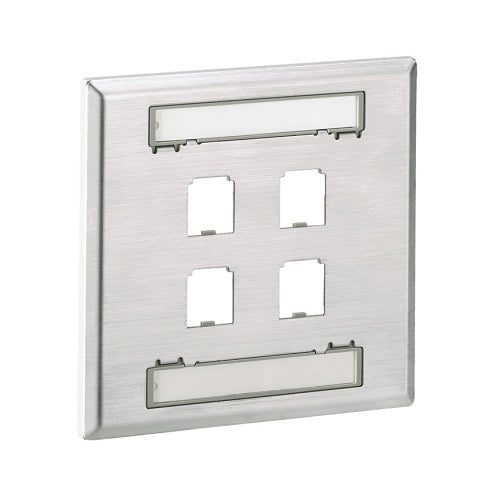 Panduit CFPL4S-2GY Mini-Com Double Gang Stainless Steel Faceplate with Label, 4-Port