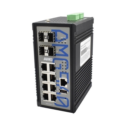AMG Systems AMG560-8GAT-4XS-P240 Industrial 12-Port Managed Switch, 8x10/100/1000Base-T(x) RJ45 Ports, 4x1/2.5/10G Base-Fx SFP+ Ports, DIN Rail Mount
