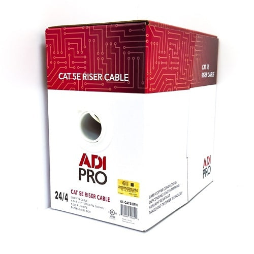 ADI PRO 0E-CAT5RWH CAT5e Riser Cable, 24/4 Solid BC, U, UTP, CMR/FT4, Sunlight Resistant, 1000\' (304.8m) Express Box, White