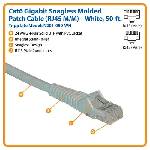 Eaton Tripp Lite N201-050-WH CAT6 Snagless Molded Gigabit Patch Cable, UPT, RJ45 M/M, 50\' (15.24m), White