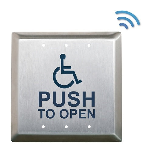 Camden CM-45K/4-WT 4-1/2\\" Square Push Plate Switch with No-Battery Kinetic Wireless Transmitter, Concealed Screws, \'WHEELCHAIR\' Blue Symbol and \'PUSH TO OPEN\', Boot and Water-Tight Coating