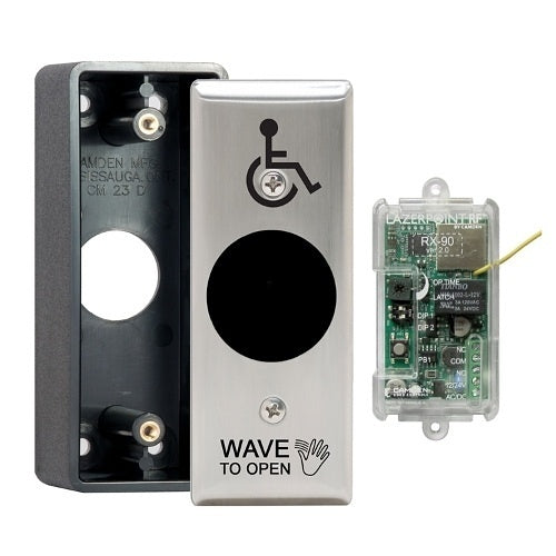 Camden CM-SK336/42SN SureWave Wireless No-Touch Switch, Narrow Faceplate, Rubber Gasket, \'Wave to Open\' Graphics, Stainless Steel, Black