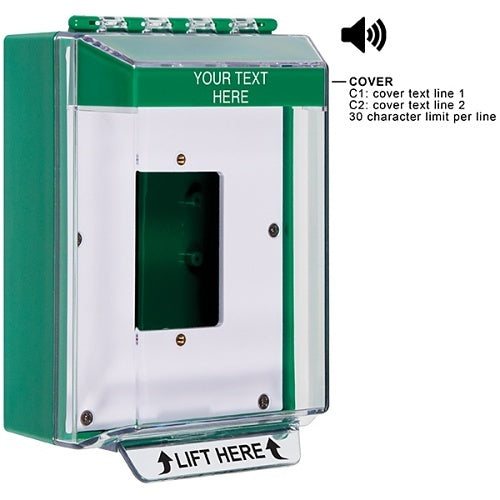 STI-14520CG Universal Stopper Low Profile Cover with Horn, Enclosed Back Box, Open Mount Plate, Custom Label, Green