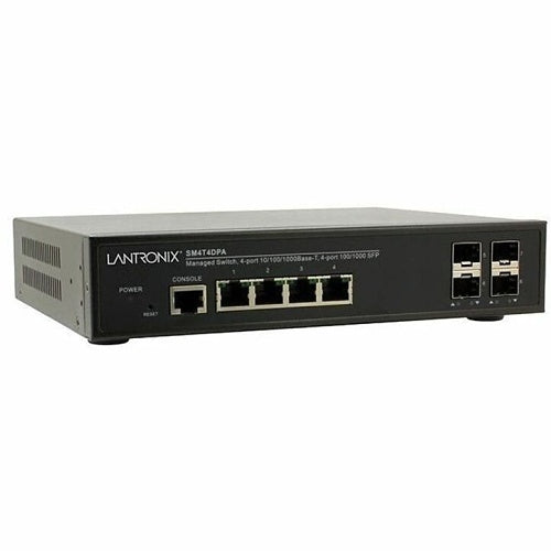 Lantronix SM4T4DPA-LA Managed Layer 2 Gigabit Ethernet Switch 4x 10/100/1000Base-T Ports + 4x 100/1000Base-X SFP Slots