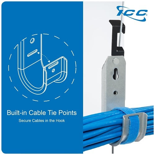 ICC ICCMSJHW44 Batwing J Hook 2\\" with Retainer Clip, Galvanized Steel Cable Management Hooks for Hanging Cable to Hanger Wire and Threaded Rod, Rust-Resistant, EIA and TIA Compliant, 25-Pack