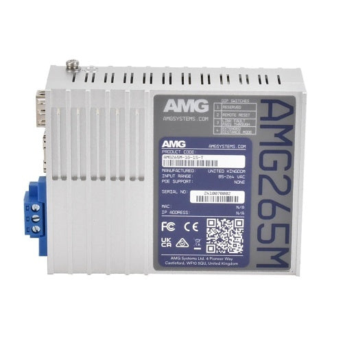 AMG Systems AMG265M-1F-1S-T AMG265M Series Industrial Mini Media Converter, 1 x 10/100Base-T(x) RJ45 Port, 1 x 100/1000Base-Fx SFP Port, 85-264VAC Locking Screw Terminal Mains Power Input