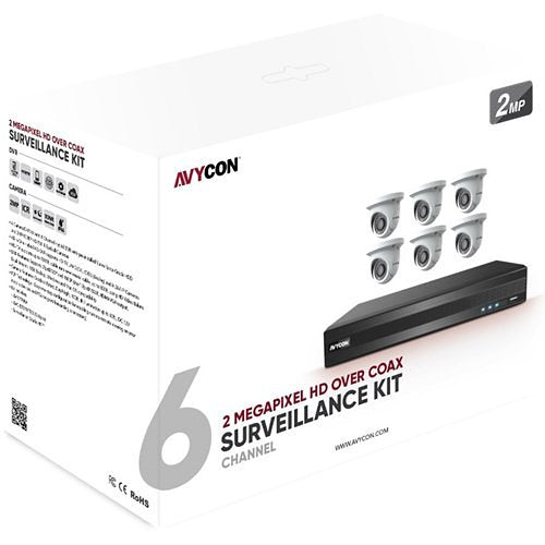 AVYCON AVK-TL91E6 7-Piece Surveillance Kit, (1) 8-Channel DVR, 2TB HDD, (6) 2.1MP IR Turret Dome Cameras, 2.8mm Lens, White