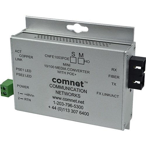 ComNet CNFE1005POEM/M Ethernet 2-Port Media Converter with PoE+, 10/100Mbps