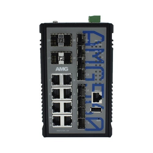 AMG Systems AMG560-8G-12S Industrial 20-Port Managed Switch, 8x10/100/1000Base-T(x) RJ45 Ports, 8x100/1000Base-Fx SFP Ports, 4x1000Base-Fx SFP Ports, DIN Rail Mount