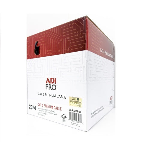 ADI PRO 0E-CAT6PBK CAT6 Plenum Cable, 23/4 Solid BC, Unshielded, UTP, CMP/FT6, 1000\' (304.8m) Reel in Box, Black