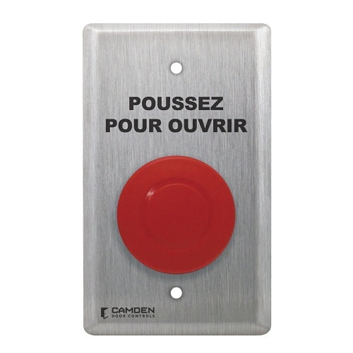 Camden CM-450R/3F 1-5/8\\" Pushbutton, Single Gang, Push / Pull, Normally Open and Normally Closed, Maintained, POUSSEZ POUR OUVRIR Label, Black Text, Stainless Steel Faceplate, Red