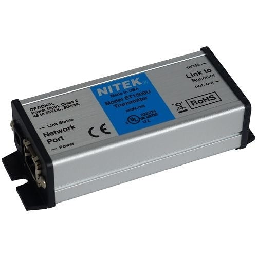 Nitek ET1500U IP Camera Network Extender Transmitter Unit, RJ45 Connector, 100Base-TX Full Duplex Ethernet, -40 to 167 Deg F, 1.6" Width 4.93" Depth 1.1" Height, (2) 3/8" Mounting Slot