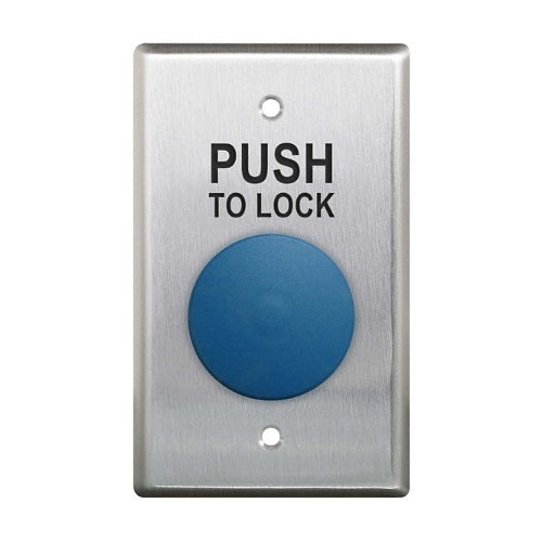 Camden CM-420B/8 Single Gang Faceplate, N/O and N/C Contacts, Blue Button with \'Push to Lock\', Black Text
