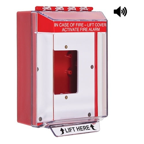STI STI-14520FR Universal Stopper Low Profile Cover with Horn, Enclosed Back Box, Open Mounting Plate, Red Housing, Fire Label