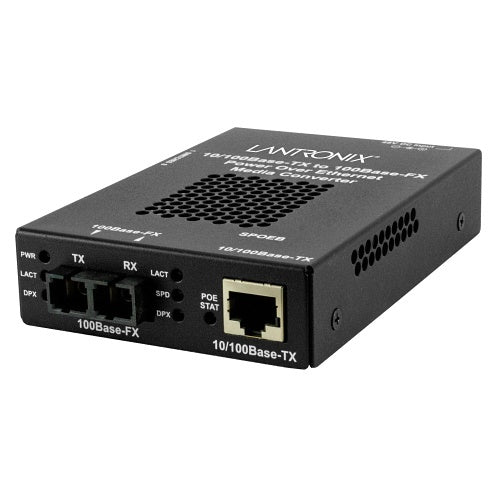 Lantronix SPOEB1013-105-SA Media Converter, 10/100BASE-TX RJ45 POE Transmitter to 100BASE-FX MM SC, 2km Range
