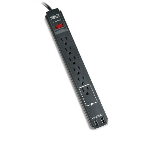 Tripp Lite TLP606USBBTAA Protect It! 6-Outlet Surge Protector, 6\' (1.83 m) Cord, 990 Joules, 2 x USB Charging ports (2.1A), Black Housing, TAA