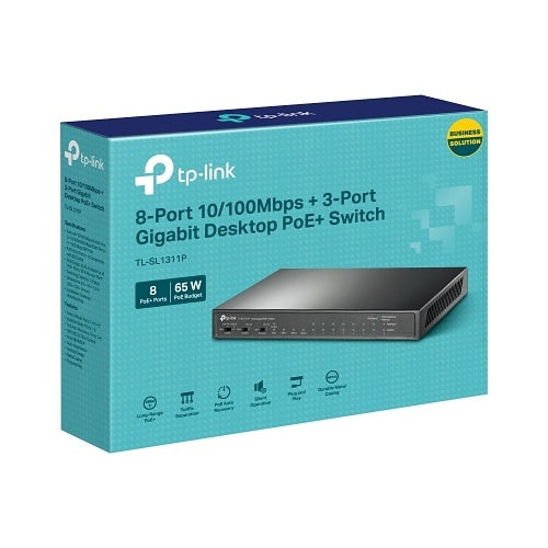 TP-Link TL-SL1311P 8-Port 10/100Mbps + 3-Port Gigabit Desktop Switch with 8-Port PoE+, 65W Budget