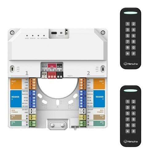 Hanwha SQ-AX15SP200KIT Access Control Kit with (2) NOD-AX15S Mullion Mount Credential Readers and NHP-P200 2-Door IP Controller