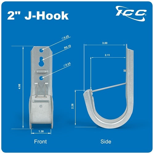 ICC ICCMSJHK44 2\\" Wall Mount J-Hook for Structured Cabling and Cable Management, Cable Support Hooks with Retainer Clips, Galvanized Steel with Zinc Finish, 25-Pack