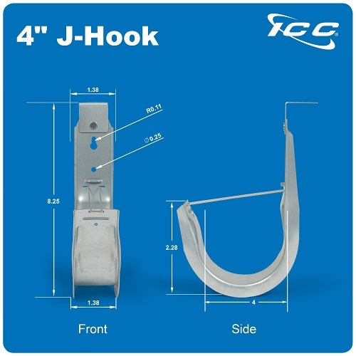 ICC ICCMSJH955 Ceiling Mount J Hook 4\\" with Retainer Clip, Galvanized Steel Cable Management Hooks for Hanging Cable, Rust-Resistant, EIA and TIA Compliant, 25-Pack