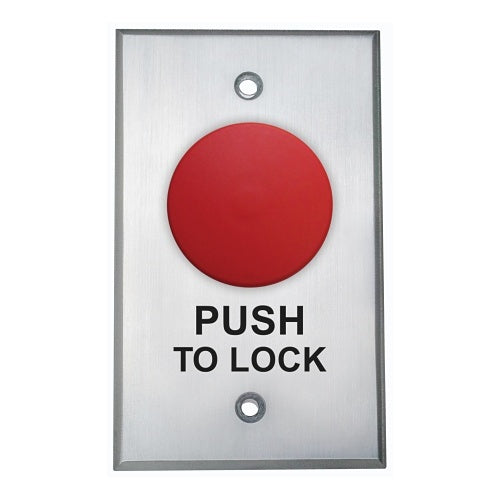 Camden CM-4040R/8 1-5/8\\" Mushroom Red Button, Push/Pull, N/C, Maintained, \'PUSH TO LOCK\' Text, Aluminum