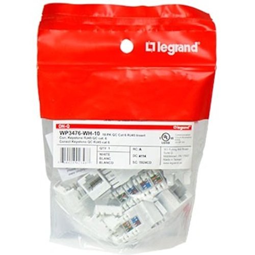 Legrand-On-Q Quick Connect Cat 6 RJ45 Keystone Insert, 10-Pk, White Image of H4-WP3476W10