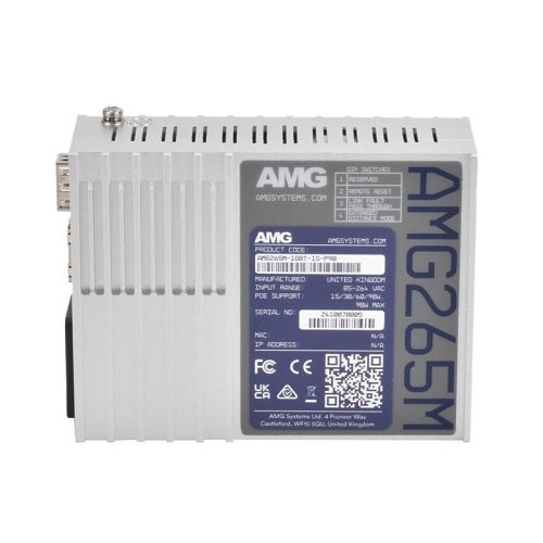 AMG Systems AMG265M-1GBT-1S-P90 AMG265M Series Industrial Multirate Mini PoE Media Converter, 1 x 10/100/1000Base-T(x) RJ45 Port, 1 x 100/1000Base-Fx SFP Port, Integrated 90W PSU