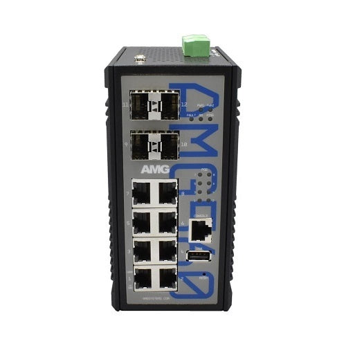AMG Systems AMG560-8GAT-4XS-P240 Industrial 12-Port Managed Switch, 8x10/100/1000Base-T(x) RJ45 Ports, 4x1/2.5/10G Base-Fx SFP+ Ports, DIN Rail Mount