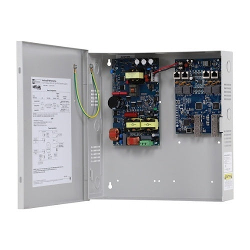 Altronix NETWAYSP4BTX3 Dual Fiber Optic SFP 1G Link, 4-Port Hardened Network Managed 802.3bt 4PPoE Switch and 360W Power Supply / Charger Mounted in NEMA1 Indoor Enclosure