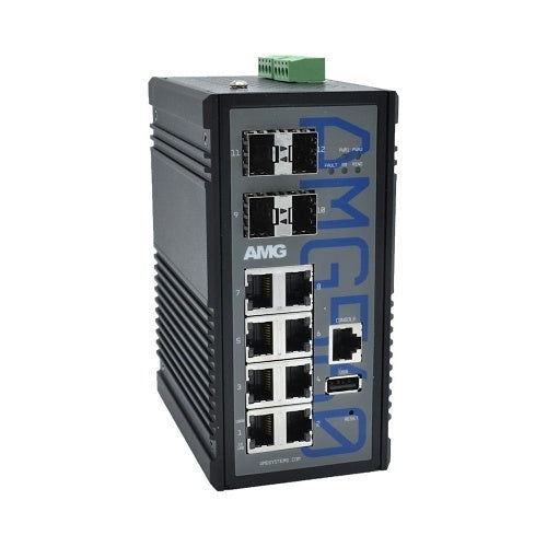 AMG Systems AMG560-8G-4XS Industrial 12-Port Managed Switch, 8x10/100/1000Base-T(x) RJ45 Ports, 4x1/2.5/10G Base-Fx SFP+ Ports, DIN Rail Mount
