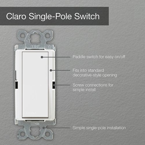 Lutron SC-1PS-SW Claro Single Pole, On / Off Rocker Switch, 15A, Satin Finish, Snow White