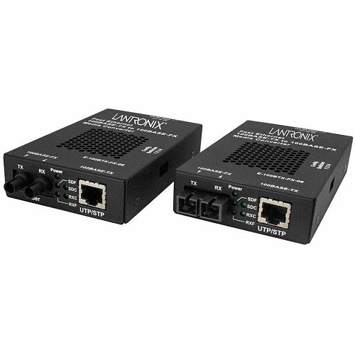 Lantronix E-100BTX-FX-06-AR Media Converter, 100BASE-TX RJ-45 to 100BASE-FX Multimode ST with Auto-Receive Polarity