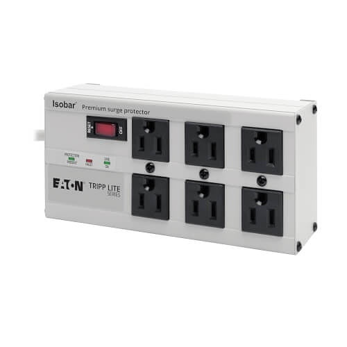 Eaton Tripp Lite ISOBAR6 Isobar 6-Outlet Surge Protector, 6' Cord with Right-Angle Plug, 3300 J, Diagnostic LEDs, Metal Housing