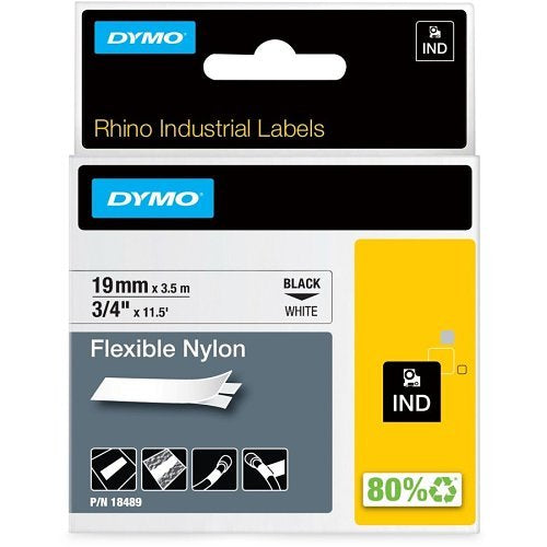 DYMO 18489 Rhino Flexible Nylon Labels, 3/4" 11.5', Black Print on White