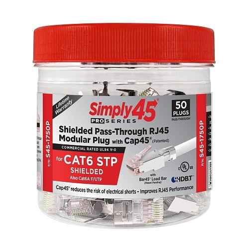 Simply45 S45-1750P Pro Series CAT6/6a STP Shielded External Ground, Pass-Through RJ45 with Cap45 and Bar45