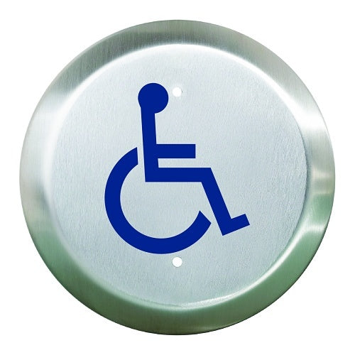 Camden CM-60/2-DP 6\\" Round Push Plate Switch, DPDT, WHEELCHAIR Symbol, Blue