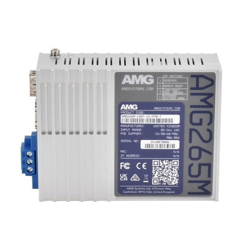 AMG Systems AMG265M-1FBT-1S-P90-T AMG265M Series Industrial Mini PoE Media Converter, 1 x 10/100Base-T(x) RJ45 Port, 1 x 100/1000Base-Fx SFP Port, Integrated 90W PSU