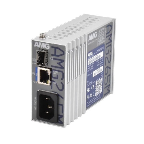AMG Systems AMG265M-1FBT-1S-P90 AMG265M Series Industrial Mini Media Converter, 1 x 10/100Base-T(x) RJ45 Port, 1 x 100/1000Base-Fx SFP Port, 85-264VAC IEC Mains Power Input