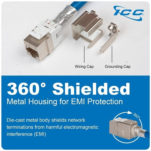 ICC IC107SAT6A0 Shielded FTP CAT6A Keystone Jack with Slim Profile, 180-Degree Punch Down, 10Gbps RJ45  PoE++ TAA Compliant for Wall Plate or Patch Panel,  JackEasy Termination Tool, 10-Pack