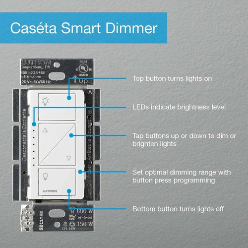 Lutron PD-6WCL-BL Caseta Original Smart Dimmer Switch, 150W LED, No Neutral Required, 120V, Black