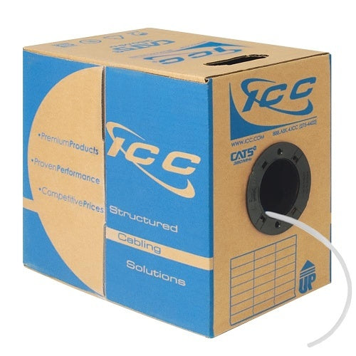 ICC ICCABP5EWH CAT5e CMP Plenum 24AWG 100% Solid Pure Copper Unshielded Bulk Ethernet Cable, UTP, PoE++, 350 MHz, UL Certified, ETL Verified, 1000\' Reelex Pull Box, White