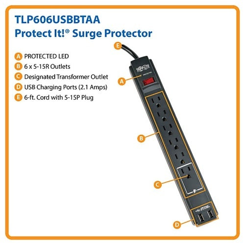 Tripp Lite TLP606USBBTAA Protect It! 6-Outlet Surge Protector, 6\' (1.83 m) Cord, 990 Joules, 2 x USB Charging ports (2.1A), Black Housing, TAA