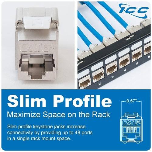 ICC IC107SAT6A0 Shielded FTP CAT6A Keystone Jack with Slim Profile, 180-Degree Punch Down, 10Gbps RJ45  PoE++ TAA Compliant for Wall Plate or Patch Panel,  JackEasy Termination Tool, 10-Pack
