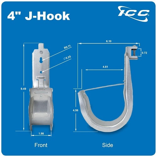 ICC ICCMSJHB55 Beam Clamp J Hook 4\\" with Retainer Clip, Galvanized Steel Cable Management Hooks for Hanging Cable to Beams, Rust-Resistant, EIA and TIA Compliant, 25-Pack