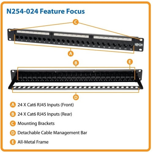 Tripp Lite N254-024 24-Port 1U Rack-Mount CAT6/CAT5 Feedthrough Patch Panel, RJ45 Ethernet