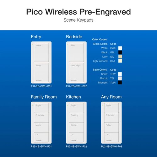 Lutron PJ2-4B-GWH-P03 4-Button, Scene Keypad, Pico Smart Remote, with Any Room Text Engraving, White