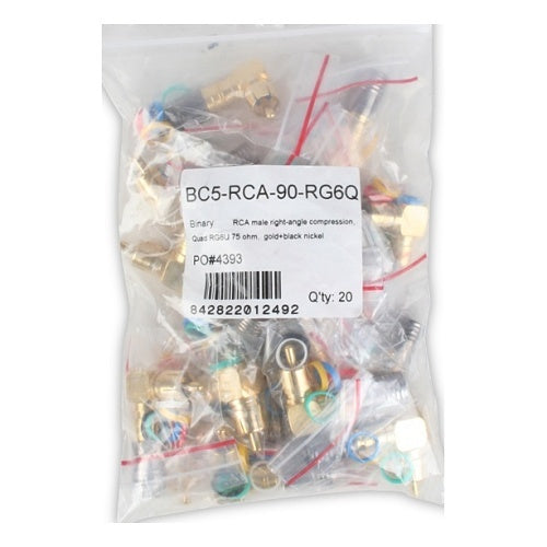 Binary BC5-RCA-90-RG6Q RCA Male Right-Angle Compression Connector, RG6/U, 20-Bag