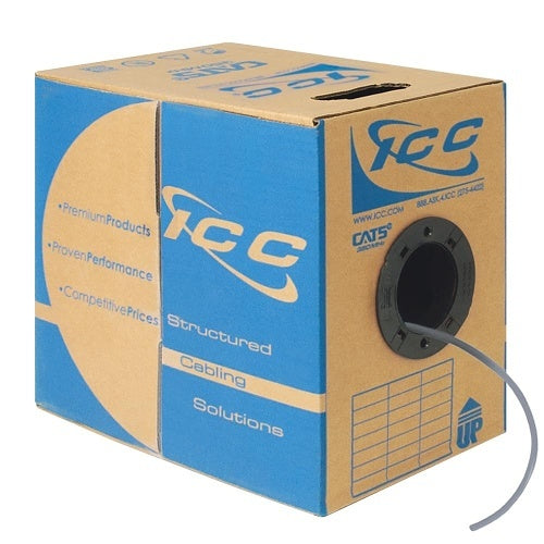ICC ICCABP5EGY CAT5e CMP Plenum 24AWG 100% Solid Pure Copper Unshielded Bulk Ethernet Cable, UTP, PoE++, 350 MHz, UL Certified, ETL Verified, 1000\' Reelex Pull Box, Gray