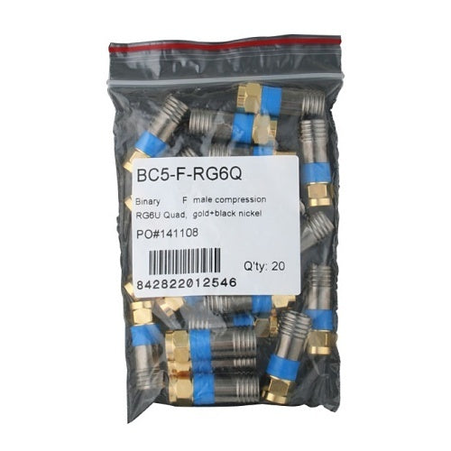 Binary BC5-F-RG6Q F Male Compression Connector, RG6/U Quad, 20-Pack, Gold