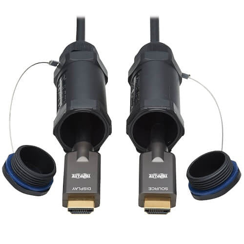 Tripp Lite P568FA-100M-WR High-Speed Armored HDMI Fiber Active Optical Cable AOC with Hooded Connectors and Reel, 4K at 60 Hz, HDR, IP68, M/M, 328' (100m), Black